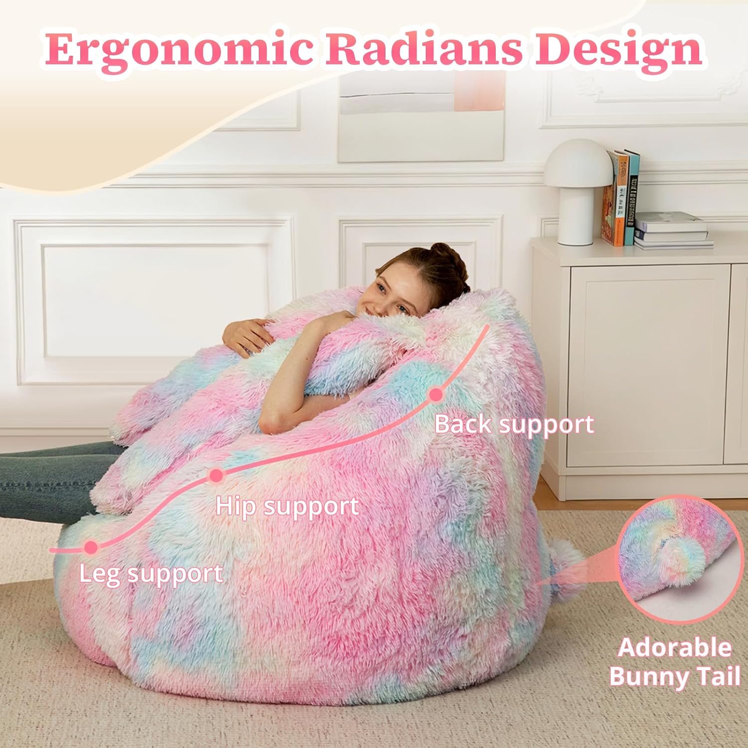 Achicsofar Bean Bag Chair for Adults Teens Giant Fluffy Plush Bean Bag Sofa with Filler Faux Fur Rabbit Shaped Beanbag Chairs Comfy Accent Floor Couch for Gaming, Reading in Bedroom, Living Room, Dorm