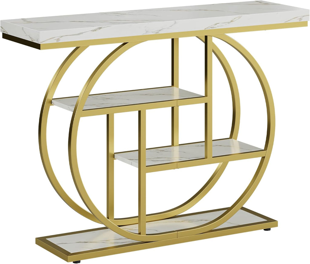41.3" Console Table, Modern Sofa Table with Circle Base, 4-Tier Narrow Entryway Table for Hallway, Slim Industrial Accent Table with Storage Shelves for Living Room, White & Gold