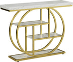 41.3" Console Table, Modern Sofa Table with Circle Base, 4-Tier Narrow Entryway Table for Hallway, Slim Industrial Accent Table with Storage Shelves for Living Room, White & Gold