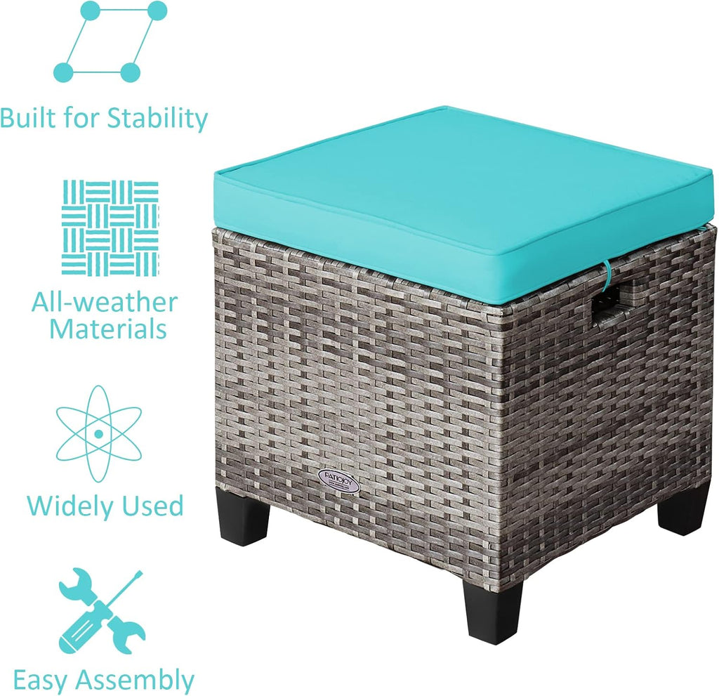 COSTWAY Set of 2 Wicker Ottomans, Outdoor 3-in-1 All Weather Rattan Foot Rest, Side Table, Additional Seating with Removable Seat Cushions and Steel Frame for Patio, Deck, Backyard, Porch (Turquoise)