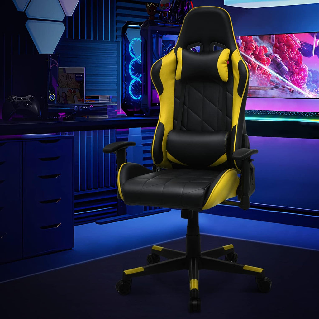 MoNiBloom Gaming Chair Racing Style High-Back Reclining Ergonomic Swivel Chair with Adjustable Headrest and Lumbar Support, PU Leather Executive Chair for Home Office Gaming, Yellow