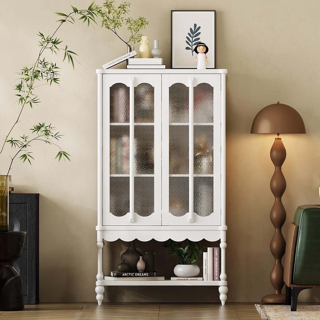 ECACAD 62.2" H Vintage 4-Tier Kitchen Pantry Freestanding Accent Storage Cabinet with Embossed Glass Doors, Solid Wood Legs & Bottom Shelf for Dining Room, White