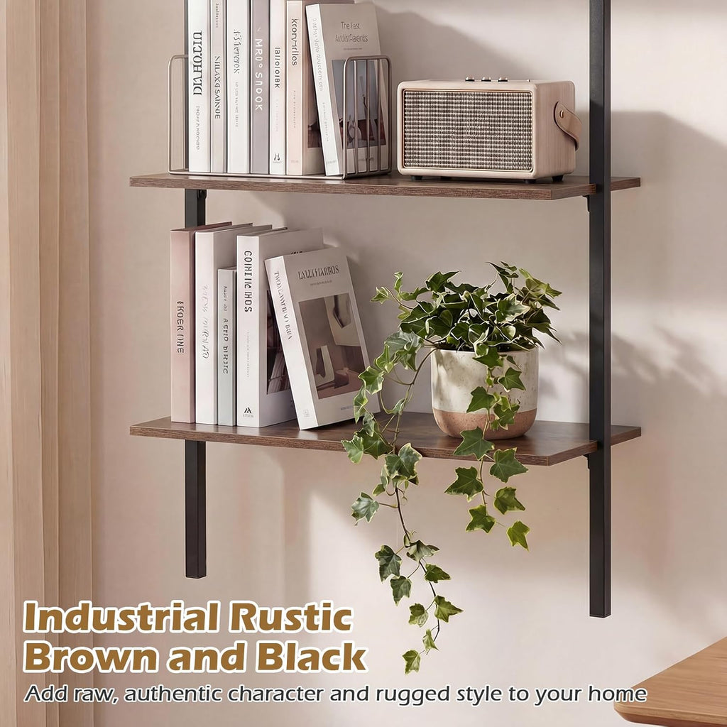 Giantex Ladder Shelf Set of 2, 3-Tier Wood Wall Mounted Bookshelf with Metal Frame, Industrial Open Storage Rack and Display Shelves, Wooden Floating Shelving Unit for Living Room, Office