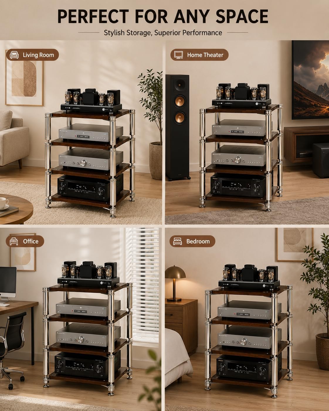 Heavy Duty AV Stand, Open Design’s Audio Racks with Shock-Absorbing Foot pegs, Strong Load-Bearing Capacity Audio Component Rack, for Offices and Recording Studios (Black Walnut, 3-Tier)