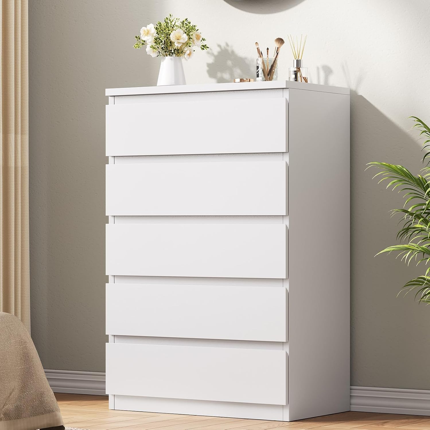 Jocoevol White 5 Drawer Dresser for Bedroom, 15" D x 23.7" W x 40.4" H in Simply Modern Chest of Drawers, Wood Storage Dresser with Deep Drawers for Living Room Hallway Entryway, White