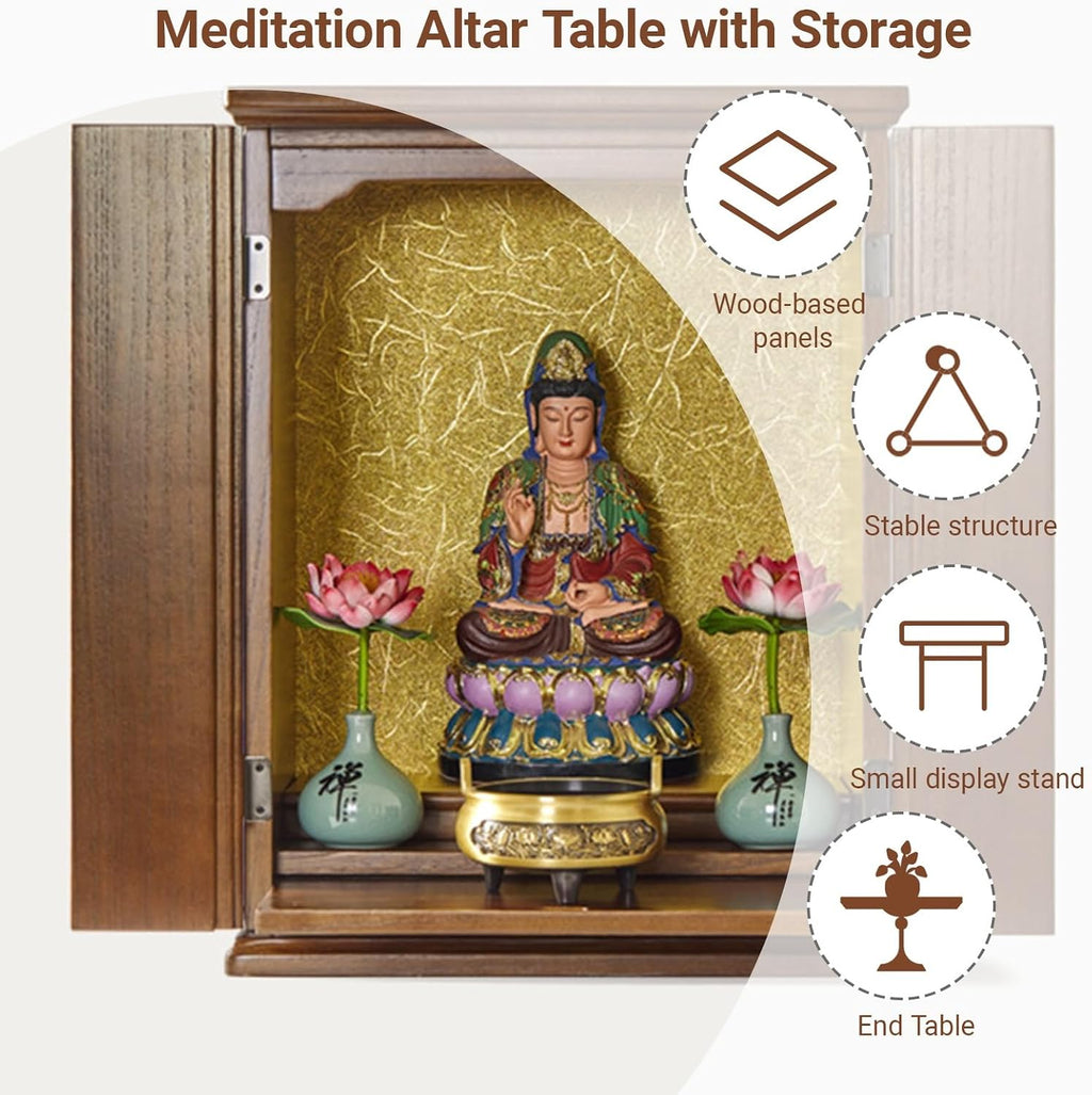 Solid Wood Buddha Altar Shelf Niche with Pull-Out Storage Panel Buddhist Display Cabinet with doors Meditation Table for Pooja and Incense Tribute(Black walnut color,31*27*43cm/12.2*10.6*16.9in)