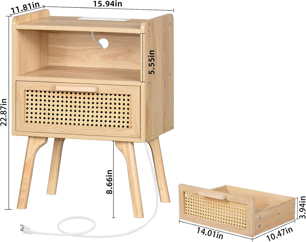 Lerliuo Rattan Nightstand with Charging Station, Boho Night Stand | Side Table with Drawer Open Shelf, Cane Accent Bedside End Table for Bedroom, Dorm and Small Spaces