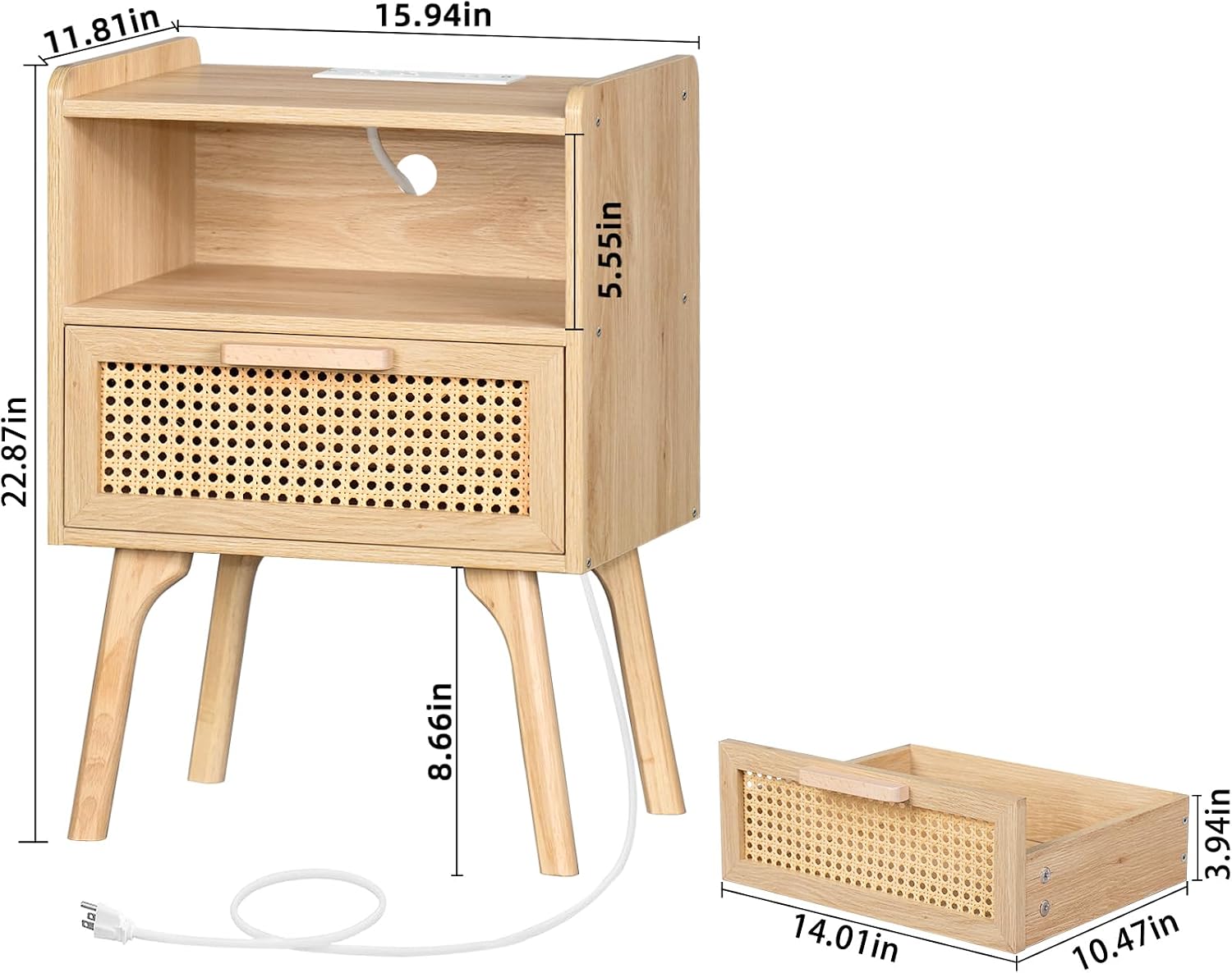 Lerliuo Rattan Nightstand with Charging Station, Boho Night Stand | Side Table with Drawer Open Shelf, Cane Accent Bedside End Table for Bedroom, Dorm and Small Spaces