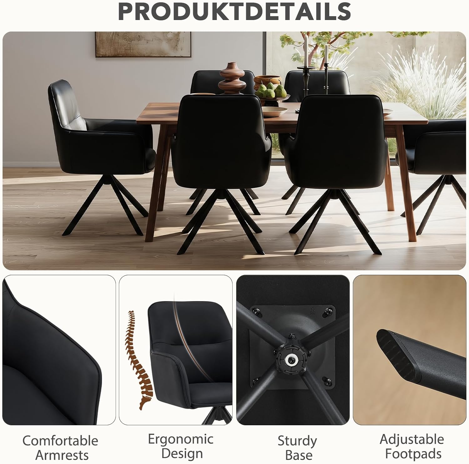 Furniliving Modern Swivel Dining Chairs Set of 2, Upholstered Dining Room Chairs with Thicken Cushion, 360°Swivel Dining Chairs with Metal Legs for Dining Room, Kitchen, Bedroom, PU, Black