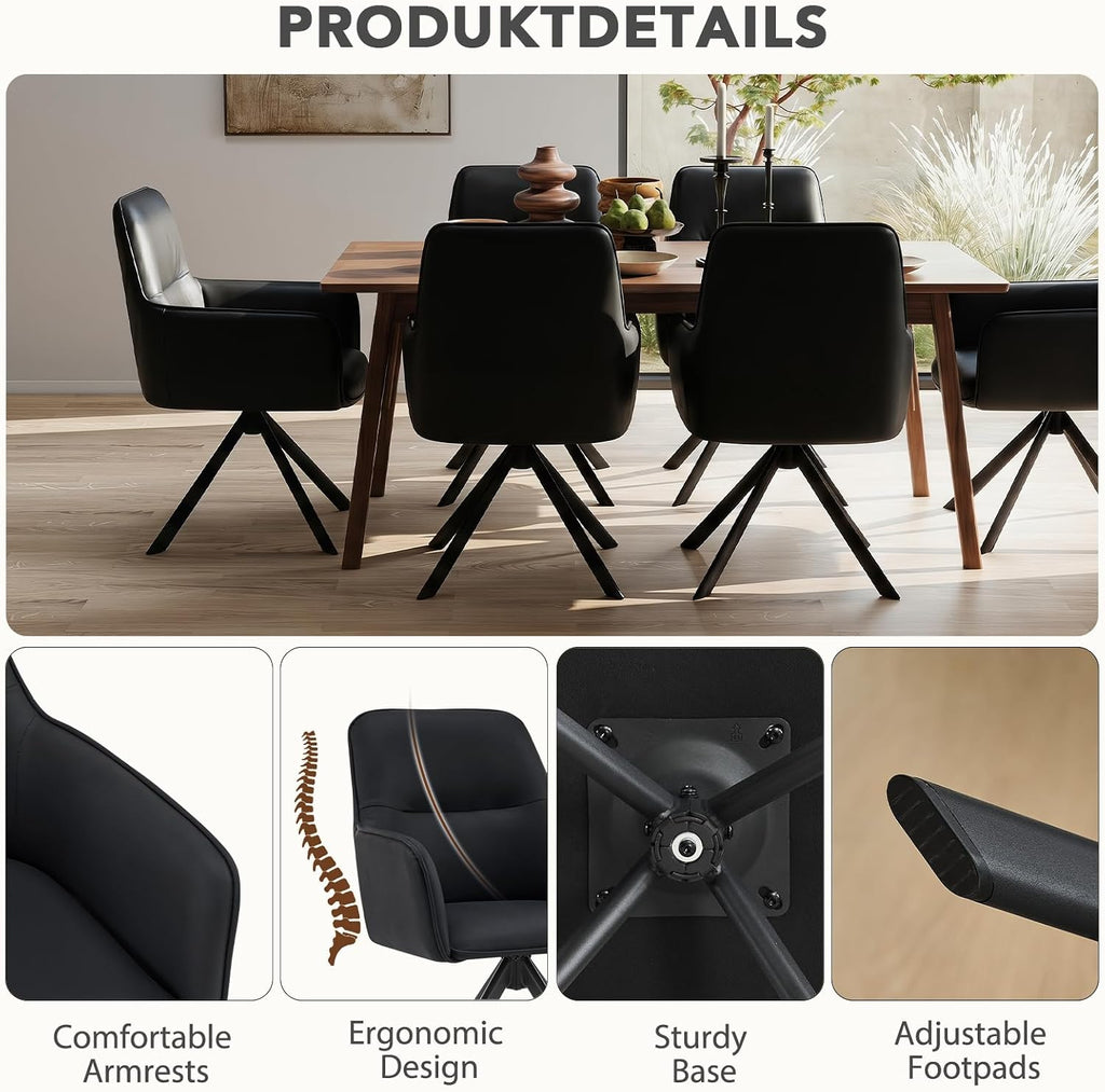 Furniliving Modern Swivel Dining Chairs Set of 2, Upholstered Dining Room Chairs with Thicken Cushion, 360°Swivel Dining Chairs with Metal Legs for Dining Room, Kitchen, Bedroom, PU, Black