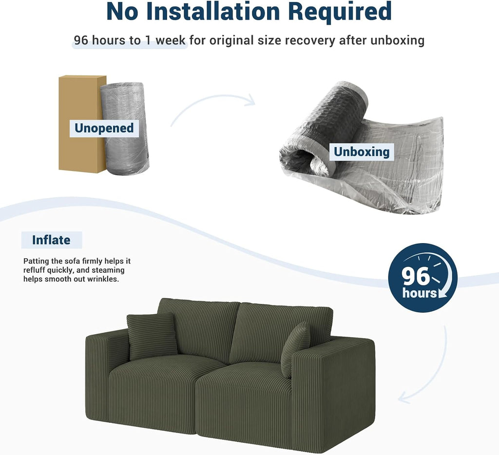 Modular Loveseat Couch Cloud Couches for Living Room - 79" Boneless Sofa - No Assembly Required, Cozy Corduroy Convertible Full Sponge Compression Sofas for House, Apartment(Green)