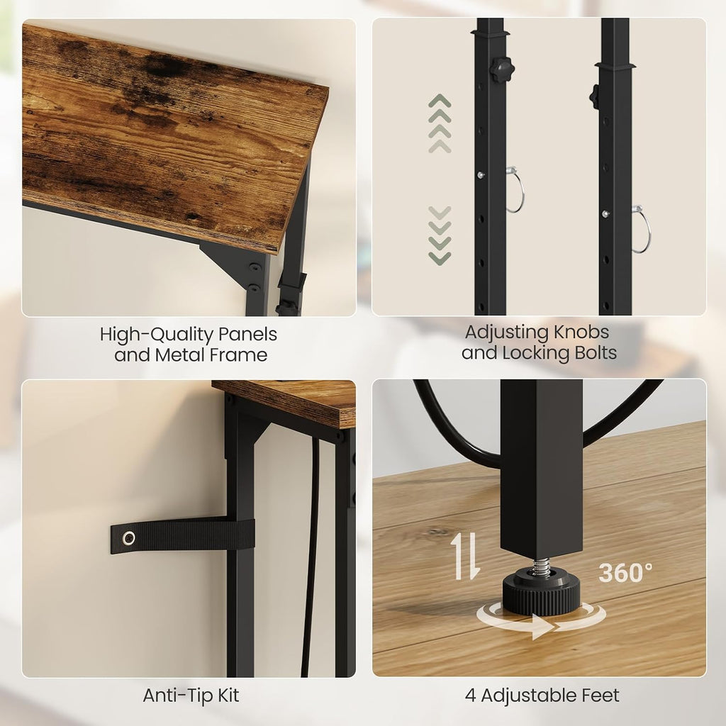 CHOEZON 29.5" Narrow Console Table with Adjustable Height (21.1"-29.9"), Behind Couch Table, Entryway Table with Power Outlet, Narrow Sofa Table, for Entryway, Rustic Brown and Black TXG10UBF