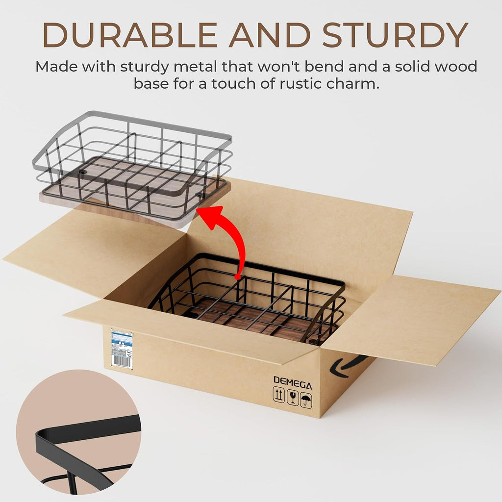 Tea Bag Organizer, Tea Bag Holder Storage with 6 Slots Iron Wire Basket with Wooden Base, Tea Bar Accessories for Countertop Cabinet Drawer, Tea Station for Coffee Capsules Creamer Sweetener Sugar