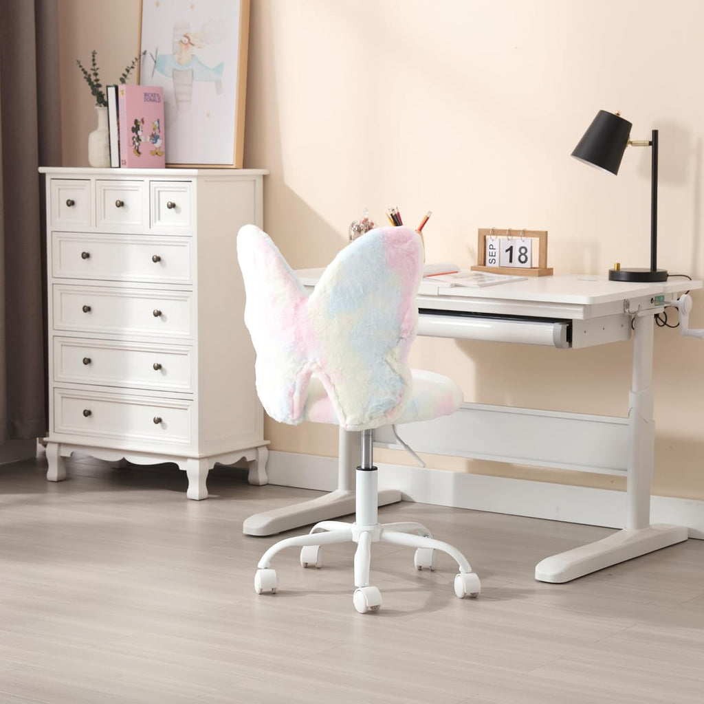 Kmax Kids Desk Chair, Faux Fur Butterfly Chair with Wheels Adjustable Cute Swivel Kids Office Chair for Bedroom Reading Room - Colorful