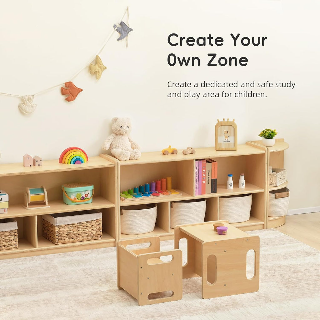OOOK Montessori Weaning Table and Chair Set, Kids Activity Table and Chair Set with Fence for Read, Play Toys, Snack Time, Step Stool, 1-3 Year Old Kids Montessori Furniture