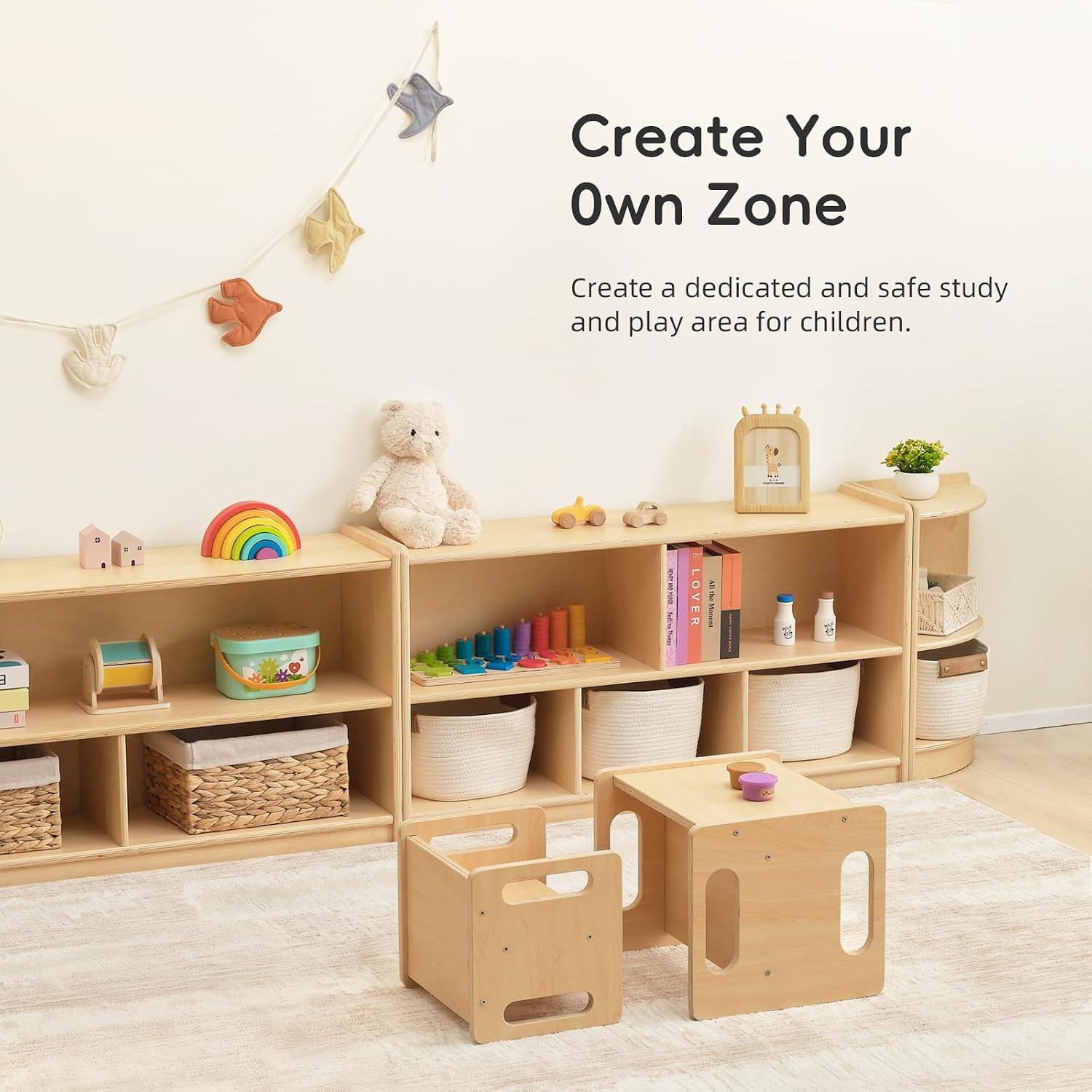 OOOK Montessori Weaning Table and Chair Set, Kids Activity Table and Chair Set with Fence for Read, Play Toys, Snack Time, Step Stool, 1-3 Year Old Kids Montessori Furniture