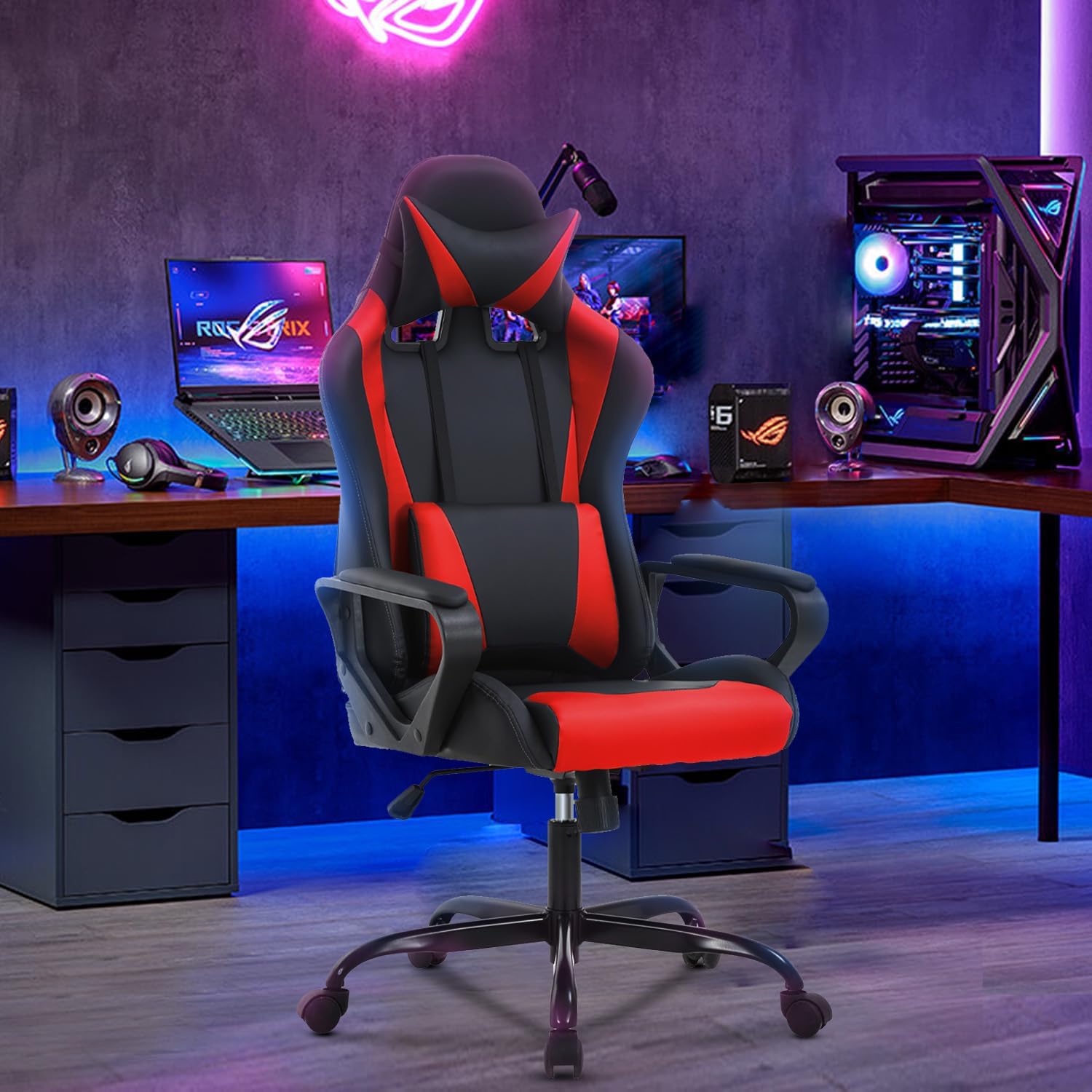Ruesleag Home Office Gaming Chair,High-Back Ergonomic PC Computer Chair w/Lumbar Support Headrest PU Swivel Rolling Chair Task Executive Desk Chair for Teens Men and Adults,Red