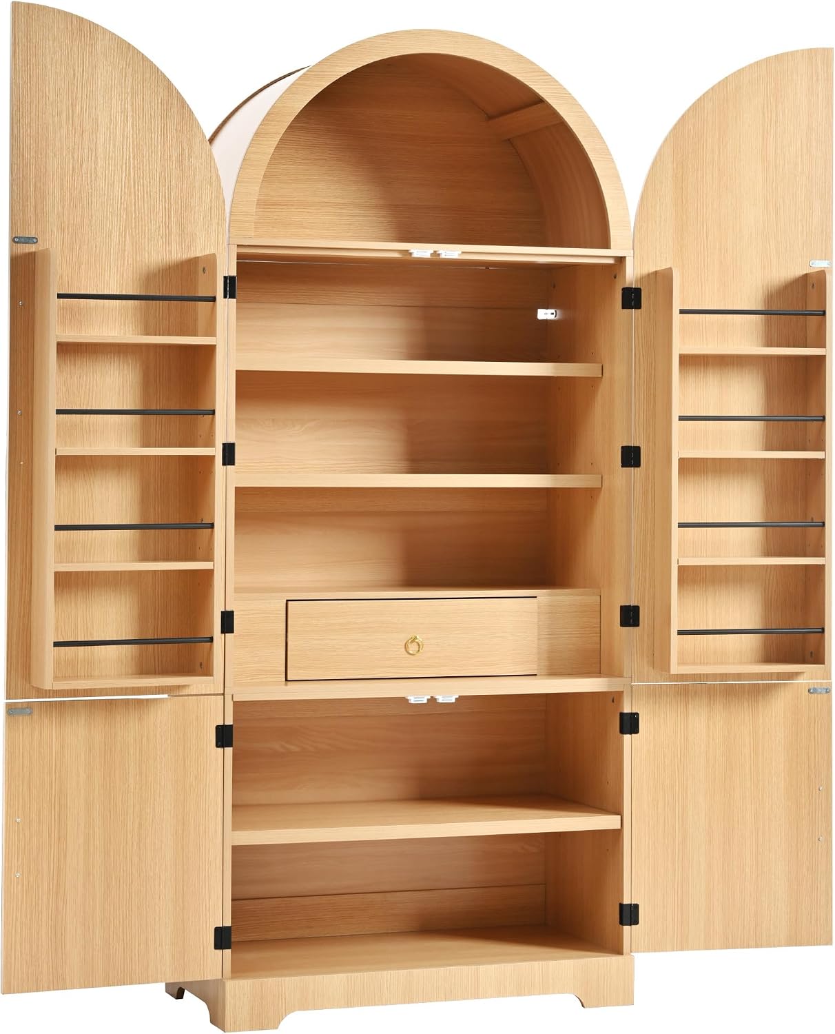 Tall Arched Kitchen Pantry Cabinet, Modern Fluted Wood Storage Cabinet with 8 Door Shelves, Adjustable Shelves and Hidden Drawer, Versatile Cupboard for Kitchen, Bathroom (Natural)