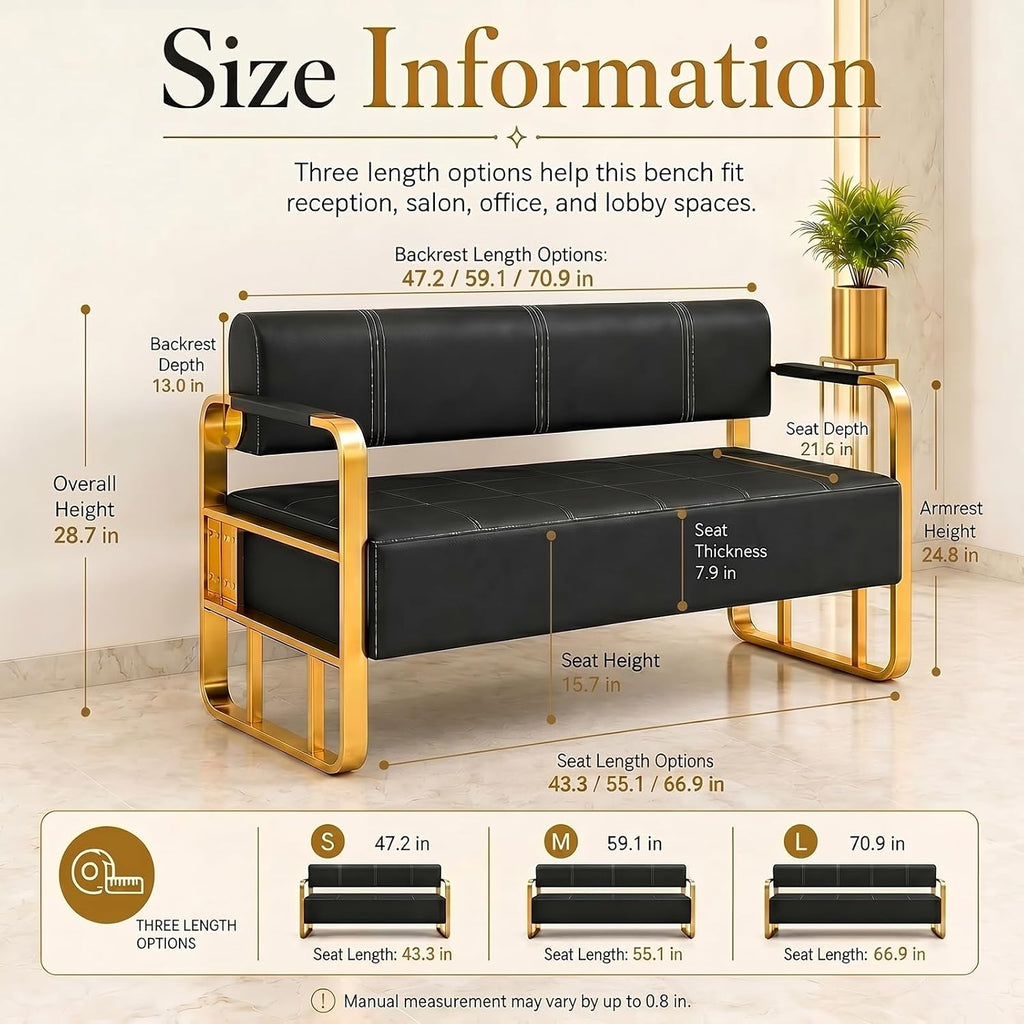 Waiting Room Bench with Backrest and Metal Armrests, Faux Leather Upholstered Reception Bench, Padded Seat for Salon, Office, Lobby, Barber Shop, Apartment(Black-Silver Frame,59.1*21.6*28.7in)