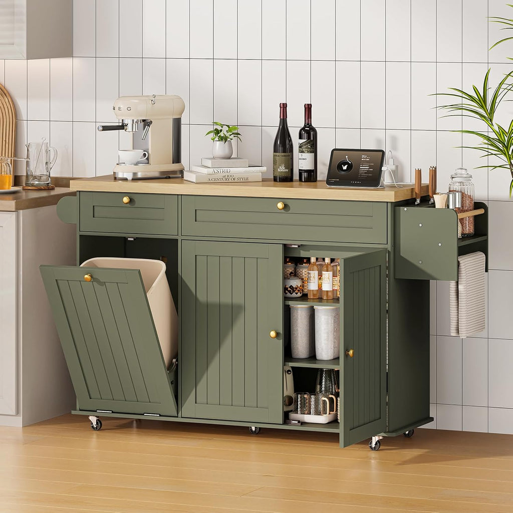ONBRILL 60" Kitchen Island with Power Outlet & Drop Leaf, Rolling Island with Spice Rack & Towel Rack, Kitchen Island Cart with Trash Storage Cabinet, Island Table for Kitchen, Green