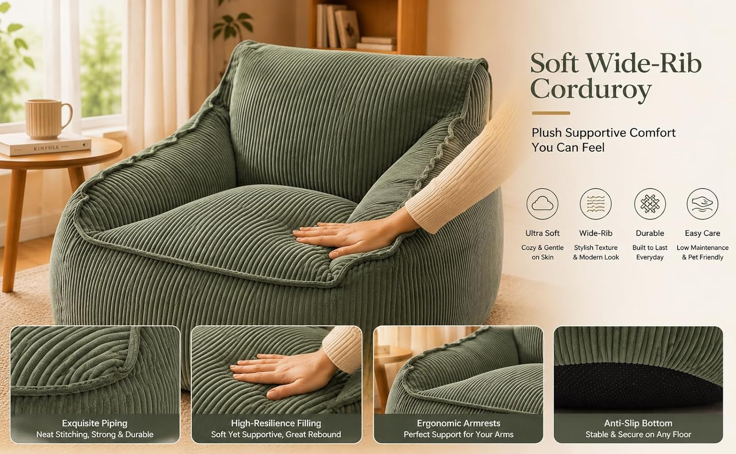 Bean Bag Chair for Adults and Kids with Armrests, High Back Corduroy Lounge Chair, Oversized Supportive Floor Sofa for Living Room, Bedroom, Dorm (Green)
