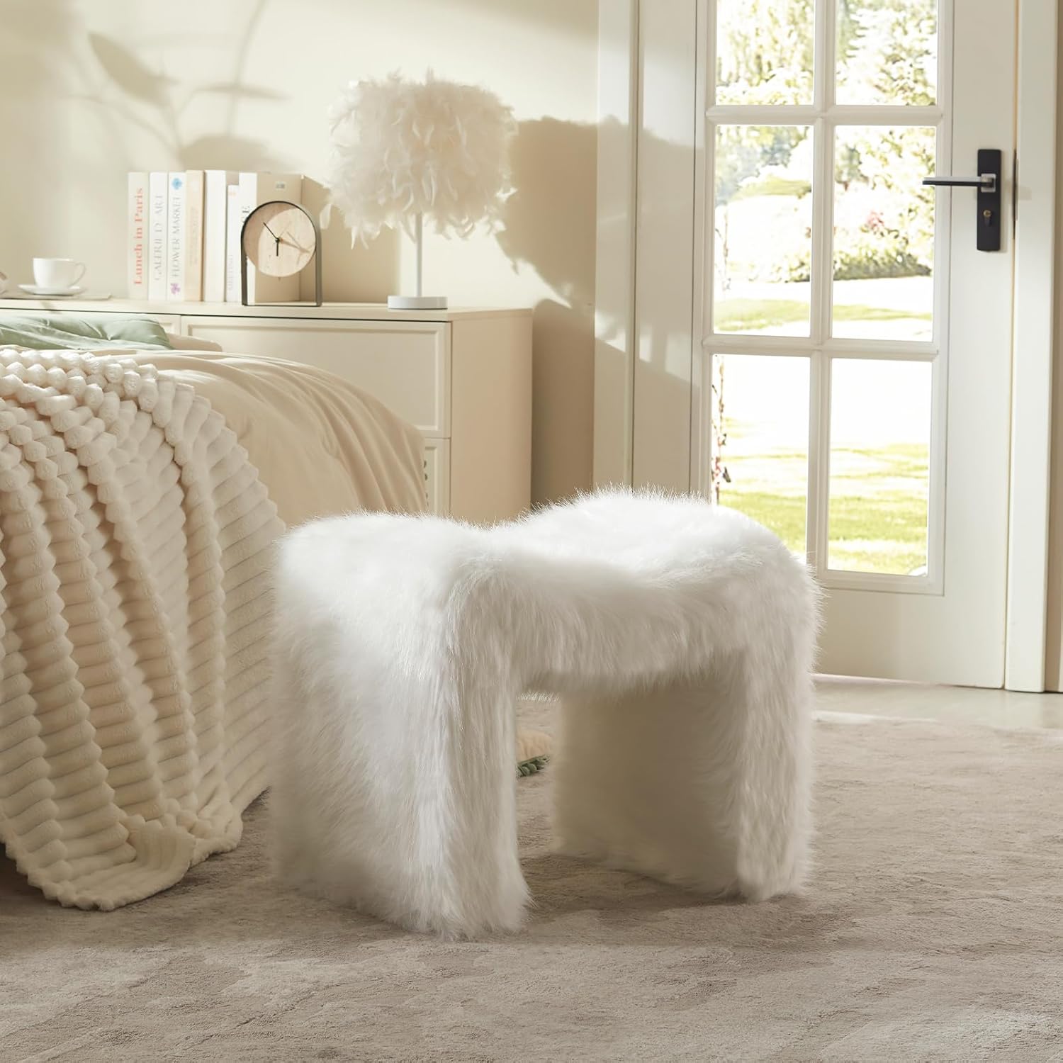 Vanity Stool Chair Small Footstool Ottoman Faux Fur Seating Backless Modern Foot Rest Ottoman Furry for Makeup Room Living Room Bedroom Entryway,White (Single 1)