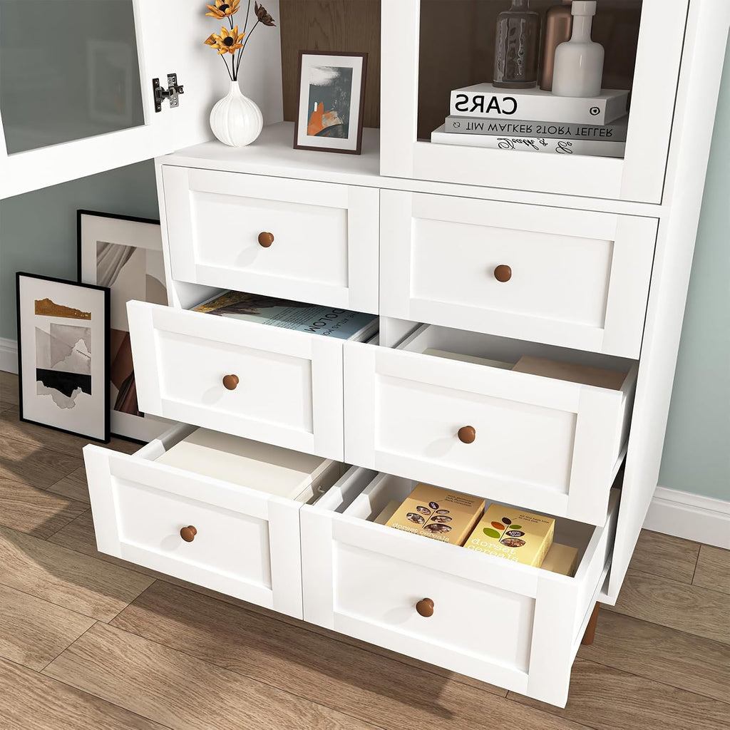 78.7'' Tall Kitchen Pantry Cabinet, Wooden Display Cabinet with 6 Drawer, 2 Glass Doors and 3 Adjustable Shelves, Freestanding Pantry Storage Cupboard for Dining Room and Kitchen, White