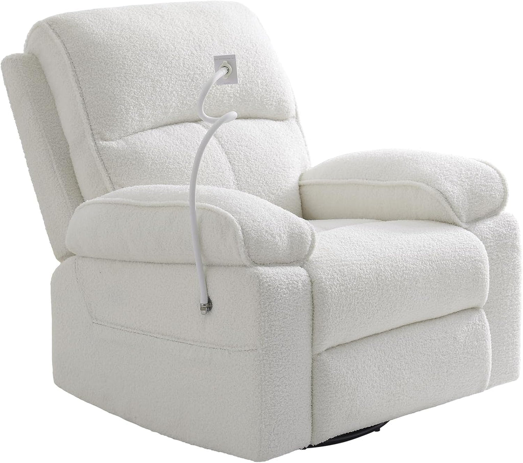YuuYee Teddy Fleece 360° Swivel Rocker Recliner Nursery Rocking Chairs with Phone Holder Manual Gilder Recliner Chair with Wide Foot Rest for Living Room and Baby Room