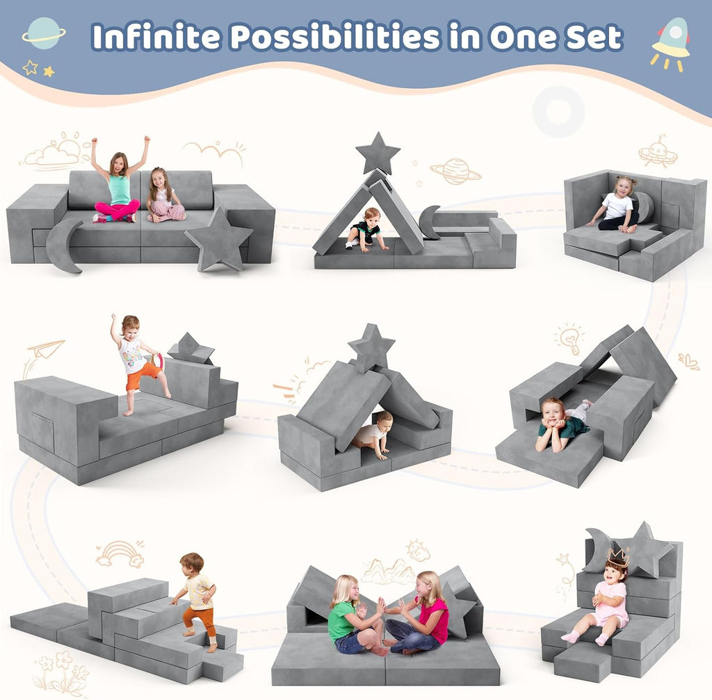 Lischwert Kids Couch, Modular Kids Play Couch, Child Sofa for Girls Boys, Toddler Sectional Sofa with Building Fort, Convertible Foam Playhouse for Baby Indoor Outdoor (9, Grey)