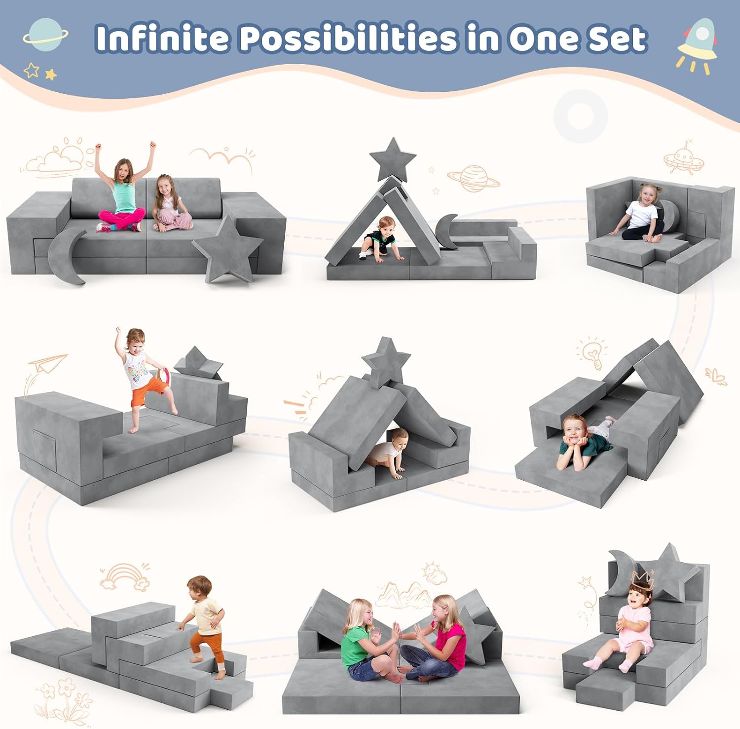 Lischwert Kids Couch, Modular Kids Play Couch, Child Sofa for Girls Boys, Toddler Sectional Sofa with Building Fort, Convertible Foam Playhouse for Baby Indoor Outdoor (9, Grey)