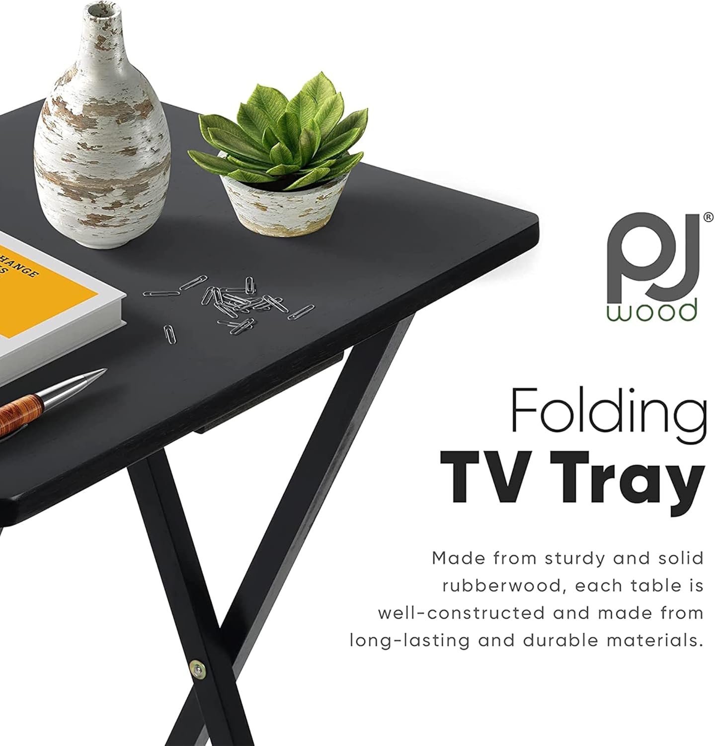 PJ Wood 2-Pack Folding TV Tray Set, Black - Collapsible Portable Snack Serving Tables, Home Furniture for Living Room, Bedroom, and Kitchen