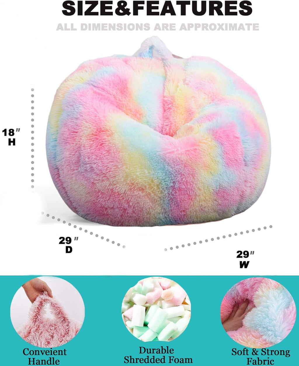 Fluffy Bean Bag Chair for Kids, 2.5FT Round Memory Foam Filled Bean Bag for Teens & Kids, Ultra Soft Faux Fur Fabric Bean Bag Chairs for Playroom, Living Room, Bedroom, Rainbow