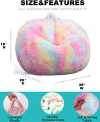 Fluffy Bean Bag Chair for Kids, 2.5FT Round Memory Foam Filled Bean Bag for Teens & Kids, Ultra Soft Faux Fur Fabric Bean Bag Chairs for Playroom, Living Room, Bedroom, Rainbow