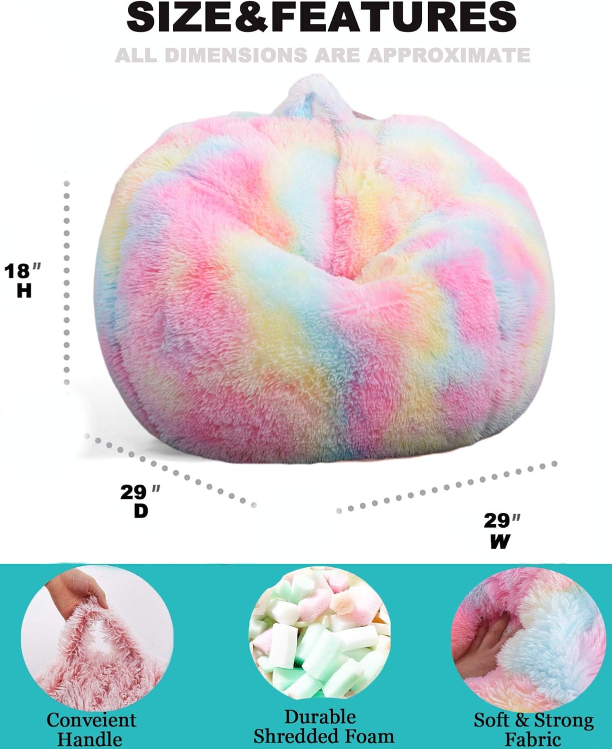Fluffy Bean Bag Chair for Kids, 2.5FT Round Memory Foam Filled Bean Bag for Teens & Kids, Ultra Soft Faux Fur Fabric Bean Bag Chairs for Playroom, Living Room, Bedroom, Rainbow