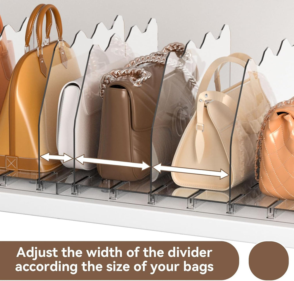 SOYO Adjustable Purse Organizers for Closet, Acrylic Shelf Divider for Bag and Purse Storage, Clear Pocketbook and Handbag Organizer, Bookshelf Separator Organizers for House, Office Use, Clear