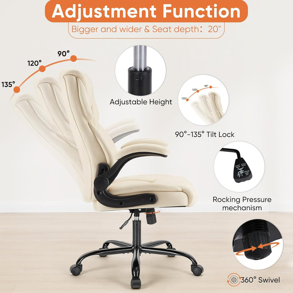 Sweetcrispy Ergonomic Office Chair - Heavy Duty Task Desk Chair with Flip-up Armrest, PU Leather, Height Adjustable & Swivel Rolling Chair with Wheels, Beige