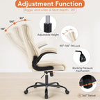 Sweetcrispy Ergonomic Office Chair - Heavy Duty Task Desk Chair with Flip-up Armrest, PU Leather, Height Adjustable & Swivel Rolling Chair with Wheels, Beige