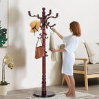 Solid Wooden Coat Rack Stand, Coat Racks Freestanding with 14 Hooks, Natural Birch Wood Coat stands with Sturdy Round Base, tree Coat Hanger Standing for Entryway Bedroom Office (Redwood disc)