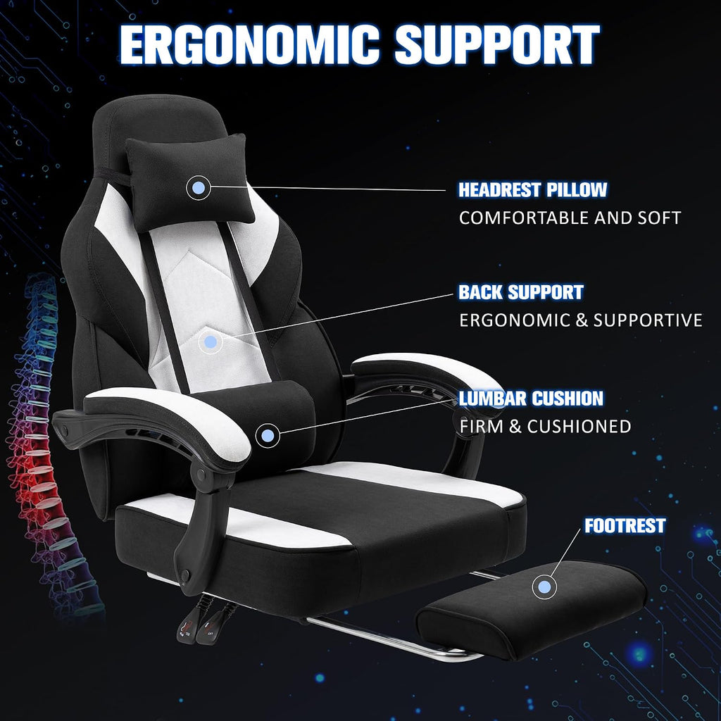 Gaming Chair with Footrest Fabric Gaming Chair for Adults with Massage Lumbar Support, High Back Ergonomic Computer Chair, Pocket Spring Cushion, 150°Reclining & Linkage Armrests, Black