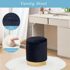 Storage Ottoman,Metal Base Vanity Stool Chair,Modern Round Footstool with Soft Padded Seat,Multipurpose Sofa Table or Plant Stand for Hallway,Living Room and Lounge (Black-Short Plush)