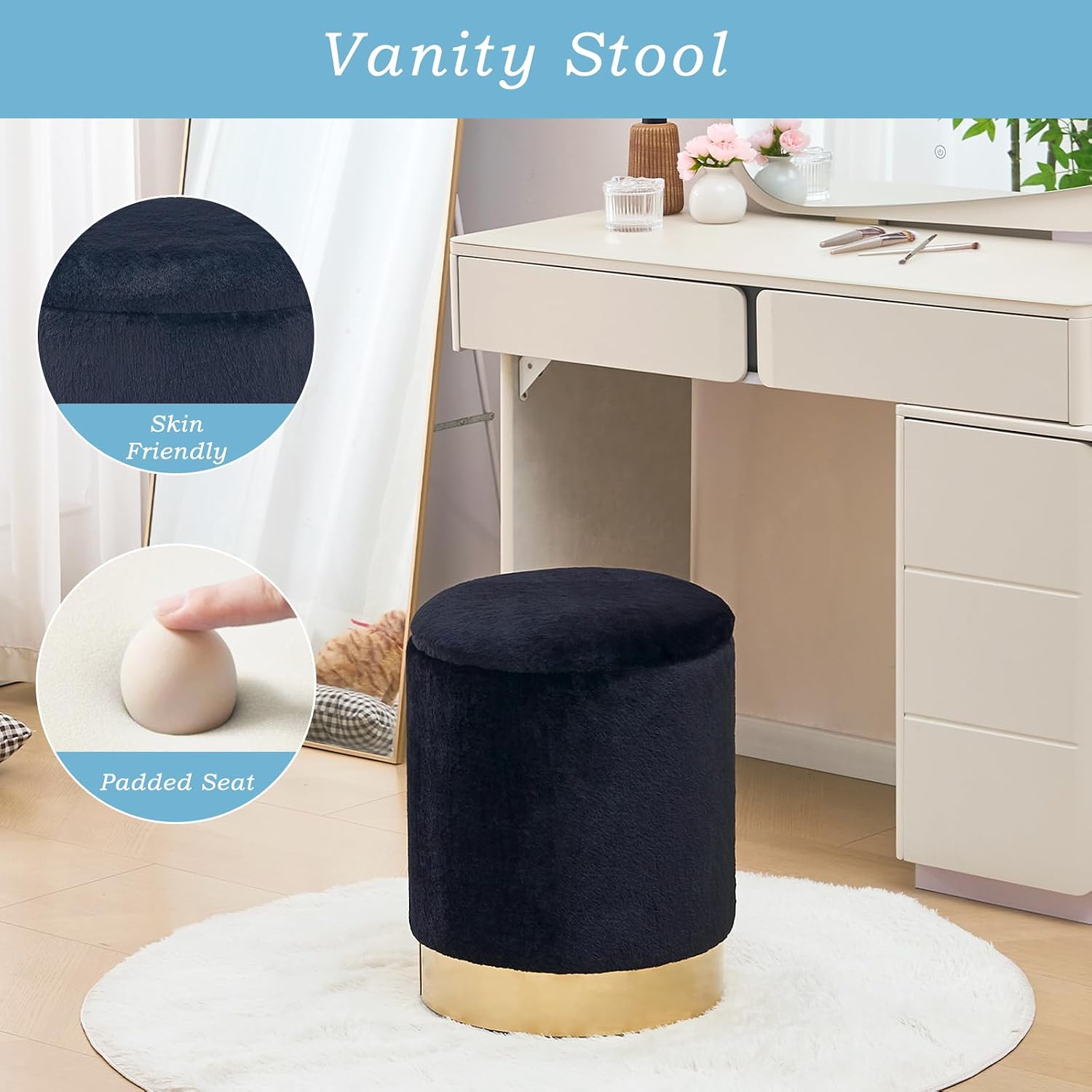 Storage Ottoman,Metal Base Vanity Stool Chair,Modern Round Footstool with Soft Padded Seat,Multipurpose Sofa Table or Plant Stand for Hallway,Living Room and Lounge (Black-Short Plush)