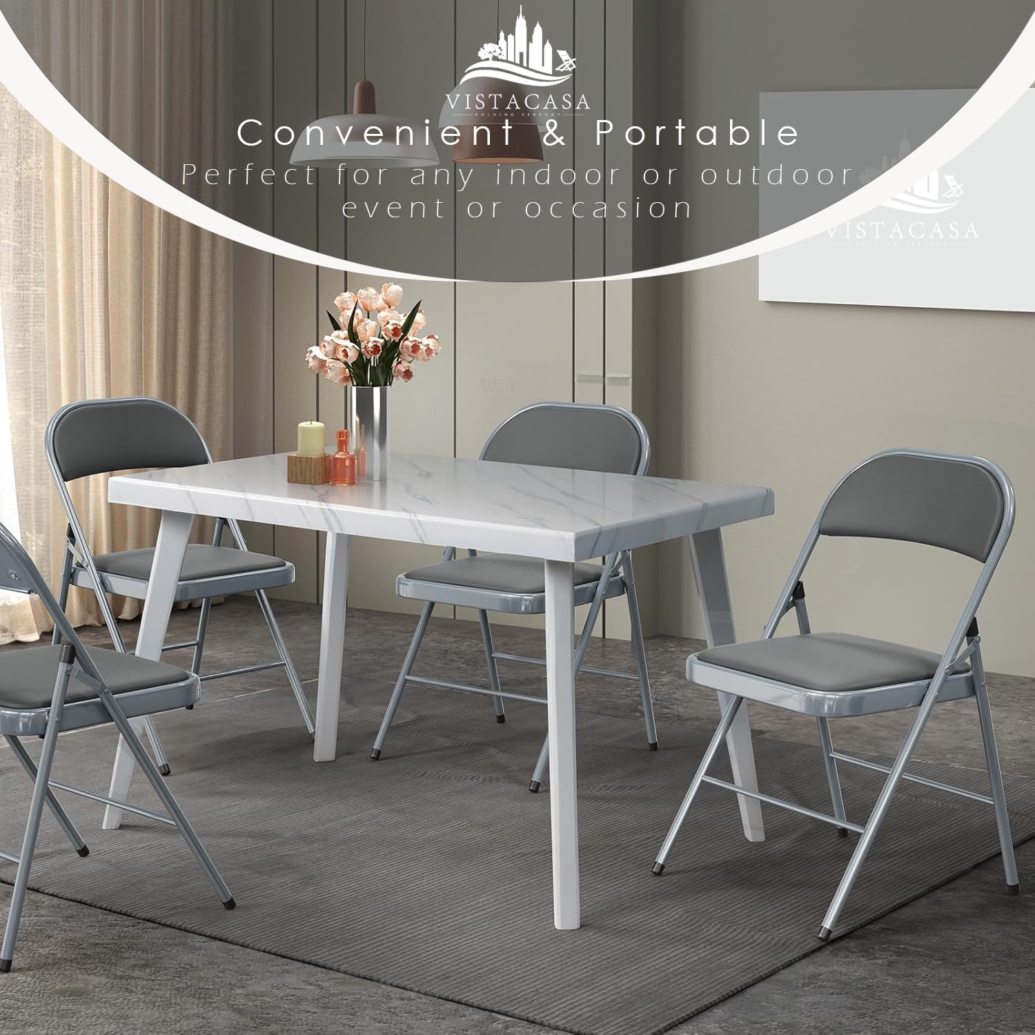 6 Pack Padded Folding Chairs, Heavy Duty Metal Frame with PU Leather Seat & Back, 350 lbs Capacity Portable Stackable Indoor Outdoor Chairs for Party Wedding Office(Gray, 6 Pack)