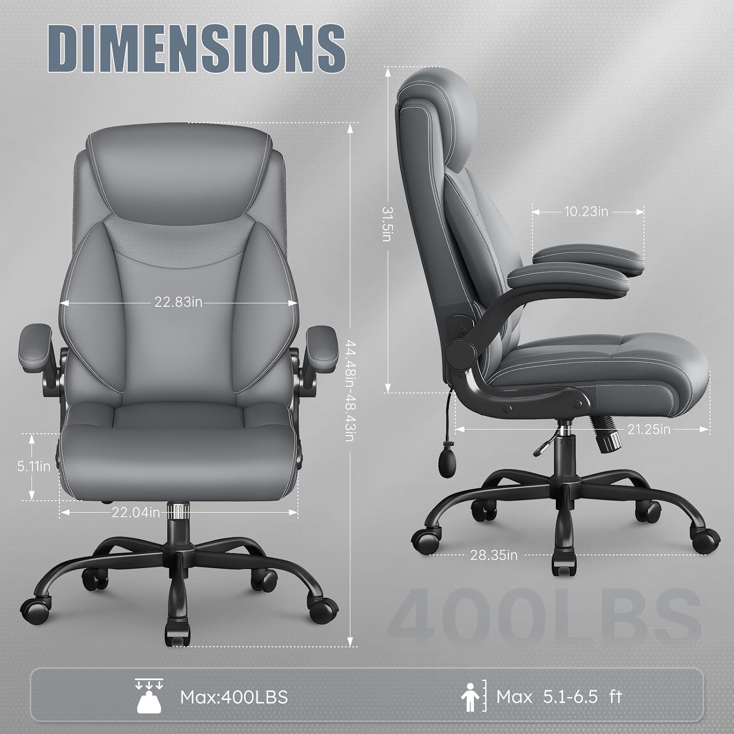 Ergonomic Office Chair, Big and Tall Office Chair, Executive Chair- Padded Leather Comfy Chair with Adjustable Lumbar Support & Flip-Up Arms, Swivel Chair for Home Office,2 Pack