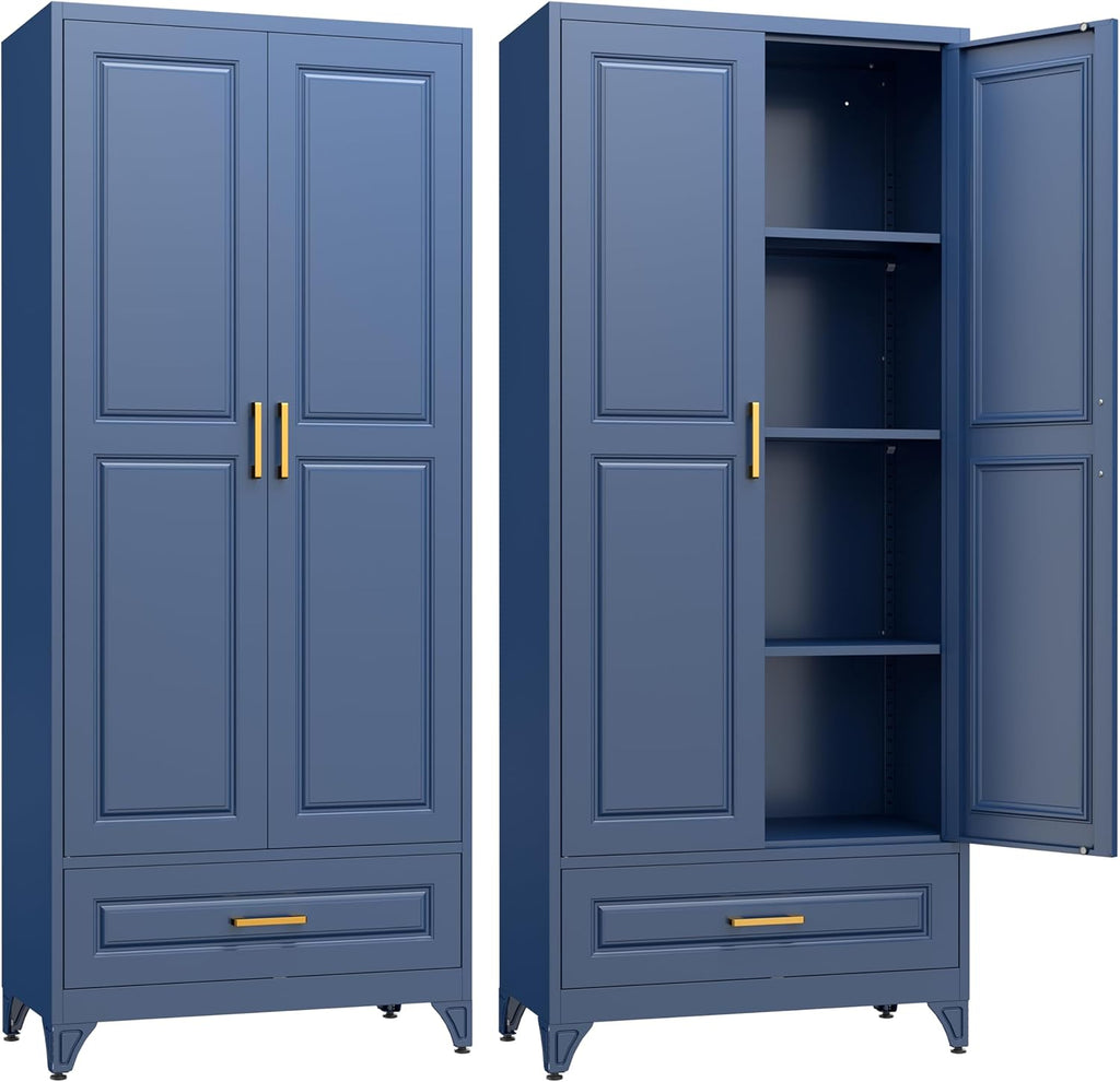 SteeLoong 75" Kitchen Pantry Cabinet with Drawer, Metal Storage Cabinets with Doors and 4 Adjustable Shelves,Blue Kitchen Cabinet with 2 Gold Handles,Food Cupboard for Livingroom,Pantry, Bathroom