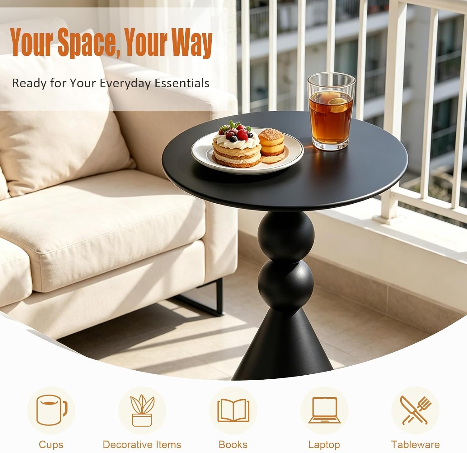 Modern Metal Side Table, Small Black/White End Table 15.7" Round Coffee Table TV Tray for Living Room Bedroom Office (Black)