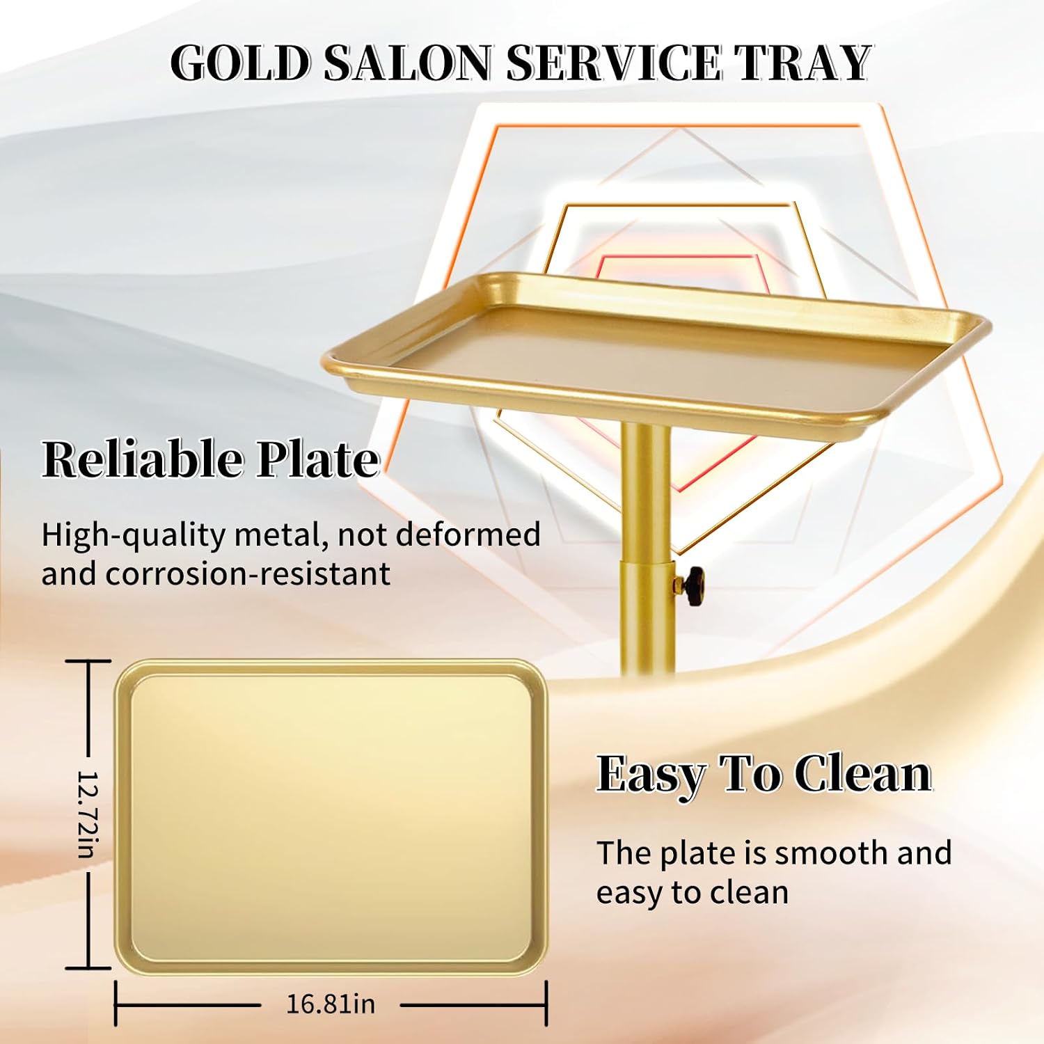 Salon Tray on Wheels, Gold Salon Rolling Tray with Adjustable Height, Hair Stylist Tray, Metal Service Instrument Storage Tray for Salon&Home Use, Suitable for Tattoo Tray and Dental Tray