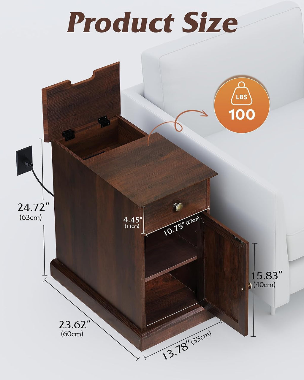 WLIVE End Table with Charging Station, Narrow Sied Table with Drawer & Cabinet, Side Table with Adjustable Shelf for Living Room/Bedroom, Wooden Nightstand with Hidden USB Ports and Outlets, Espresso