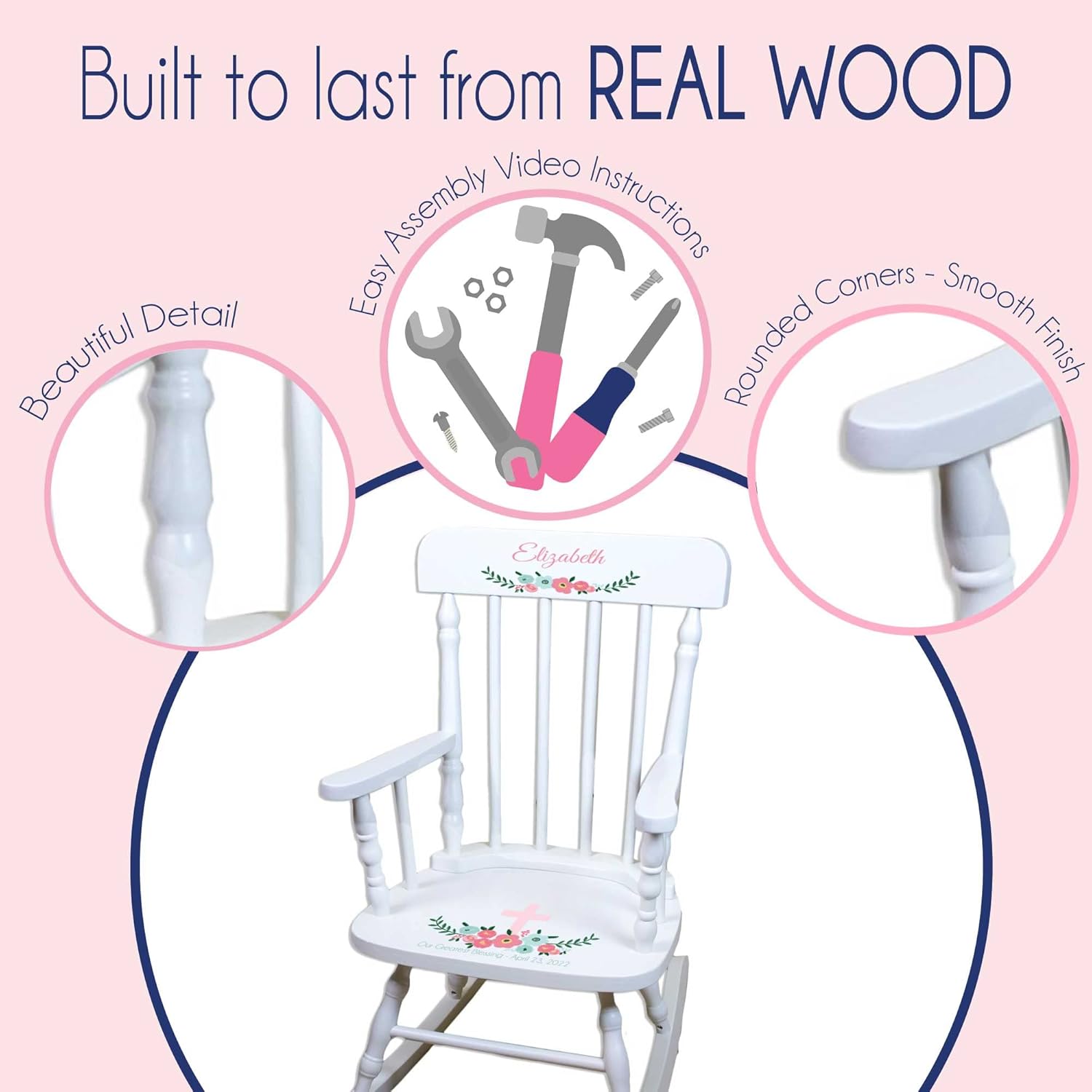 My Bambino Girl's Personalized White Wood Rocking Chair Toddler Baby Gift (You are My Sunshine)