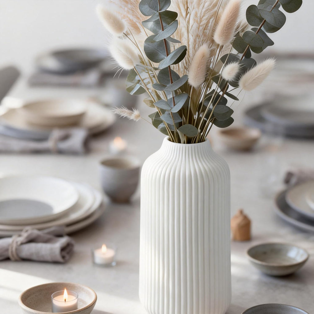 flature Ceramic Vase in Nordic Style, Decovase Large for Pampas Grass as Boho Deco, Vase White Matt 10 inch for Flowers, Scandinavian Design Home Decoration for Fresh Flowers, Dried Flowers (Size L)