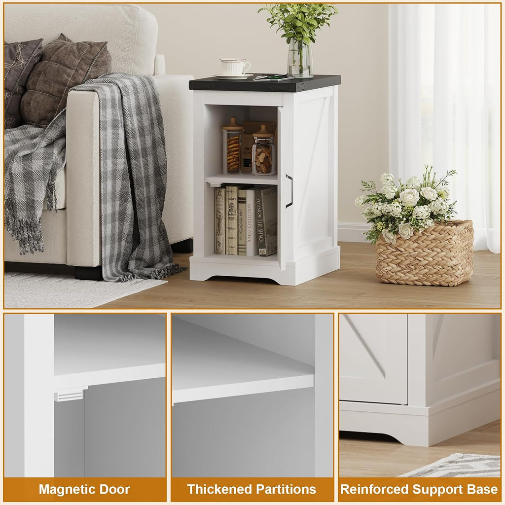 Farmhouse End Table with Charging Station & 2 USB-c Ports | Modern Bedside Table with 2 AC Outlets, Adjustable Shelf, Cable Management | Convenient Power End Table for Bedroom, Living Room